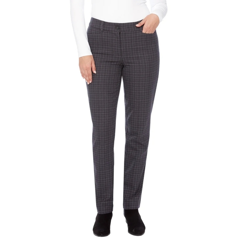 UP! Classic Grey Plaid Stretch Office Preppy Comfort Cotton Pants - Women's